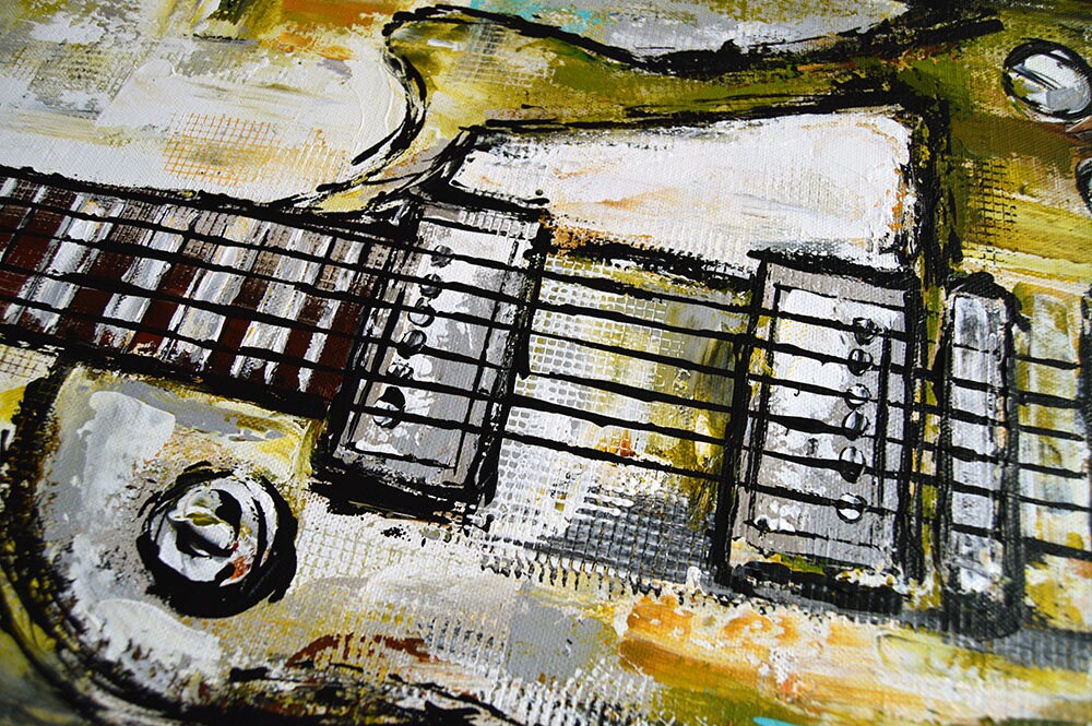 Original Green Guitar Painting, Modern Music Wall Art, Gift for Musician, Music Studio Decor