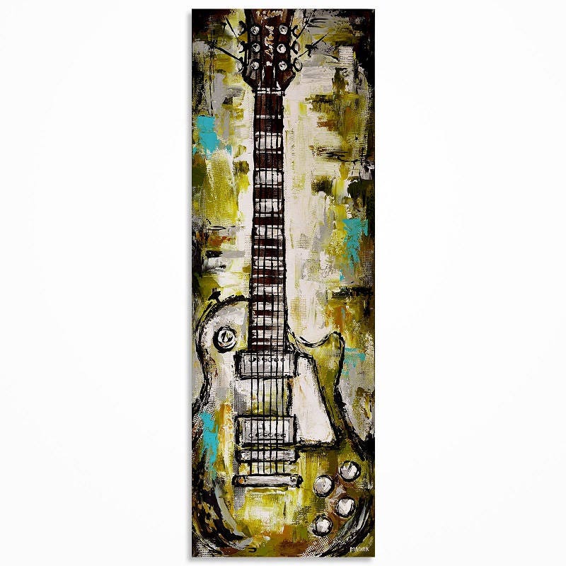 Original Green Guitar Painting, Modern Music Wall Art, Gift for Musician, Music Studio Decor