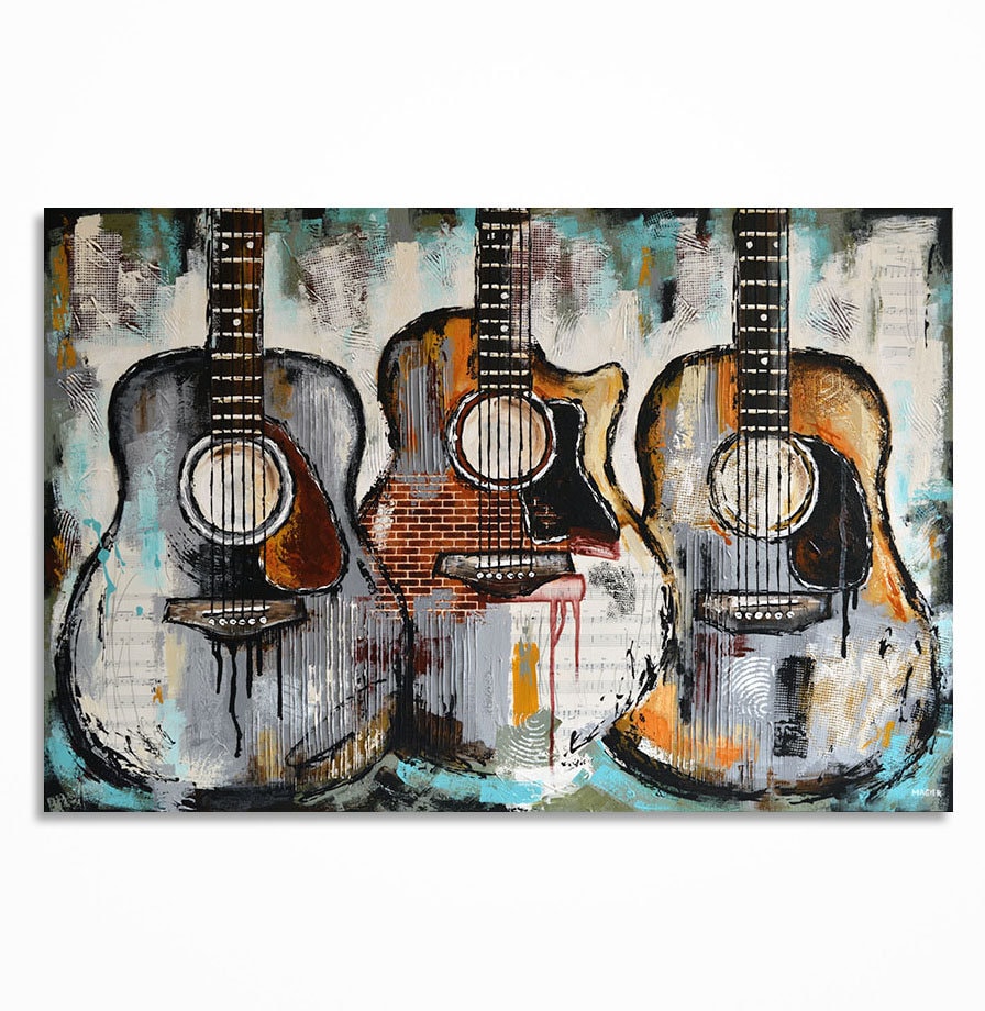 Original Acoustic Guitar Painting, Music Studio Wall Art, Mixed Media Textured Music Art on Canvas