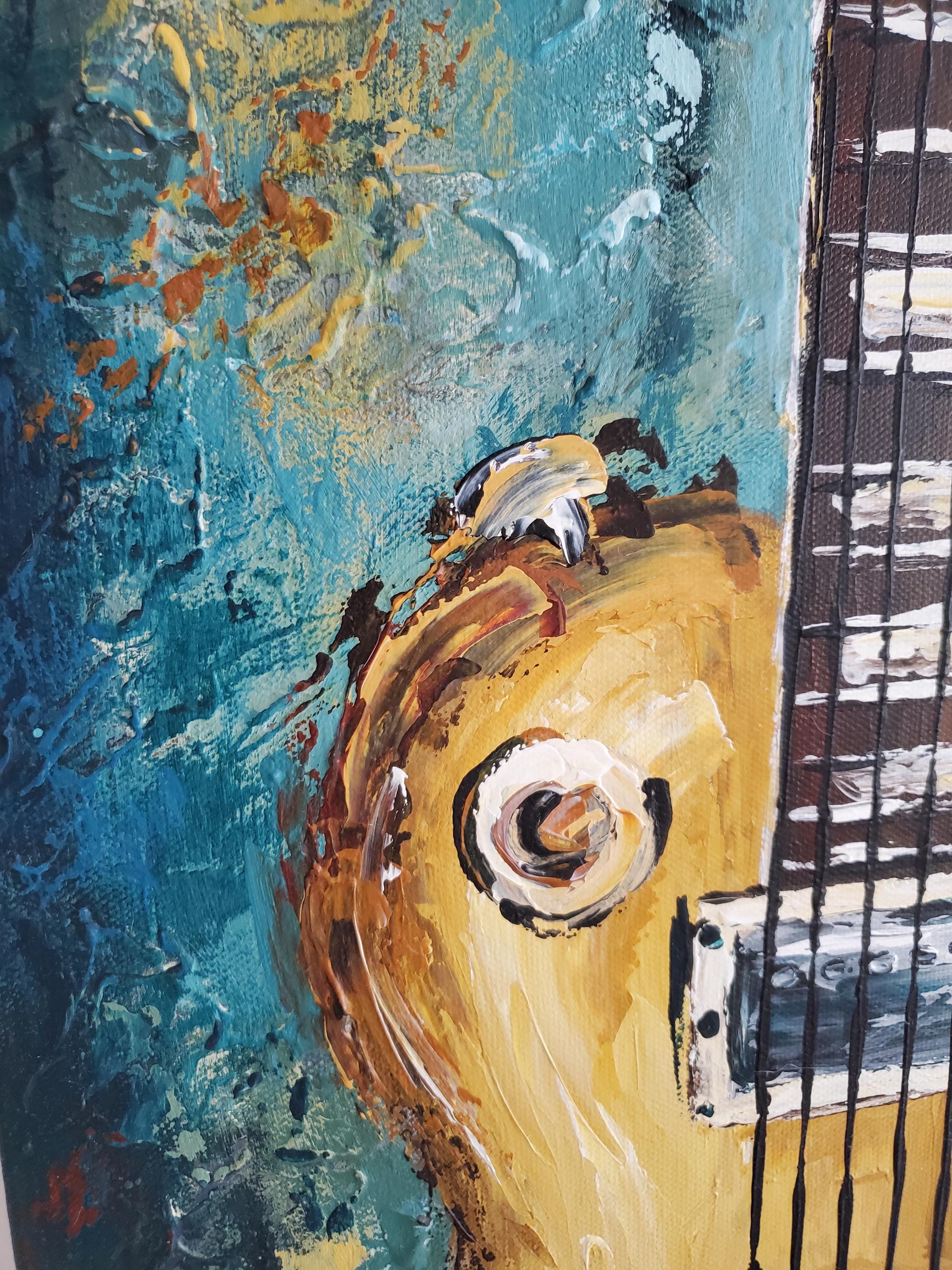 Original Textured Guitar Painting, Modern Teal and Yellow Music Artwork, Gift for Guitarist, Music Studio Decor
