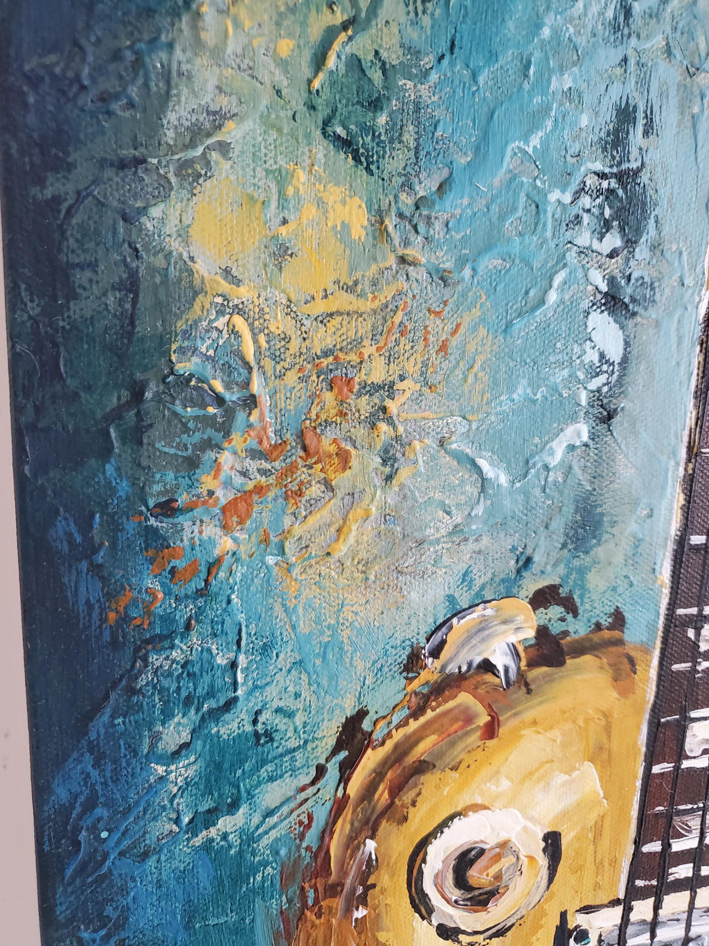 Original Textured Guitar Painting, Modern Teal and Yellow Music Artwork, Gift for Guitarist, Music Studio Decor
