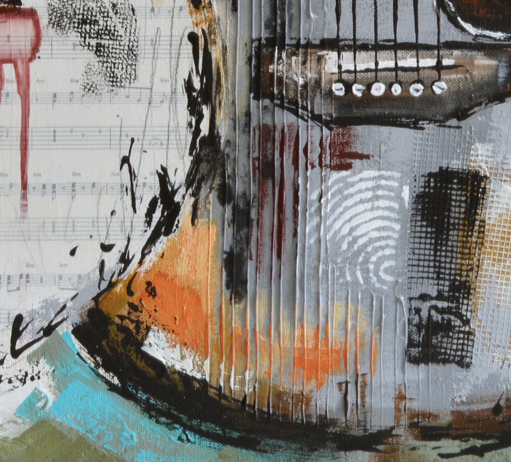 Original Acoustic Guitar Painting, Music Studio Wall Art, Mixed Media Textured Music Art on Canvas