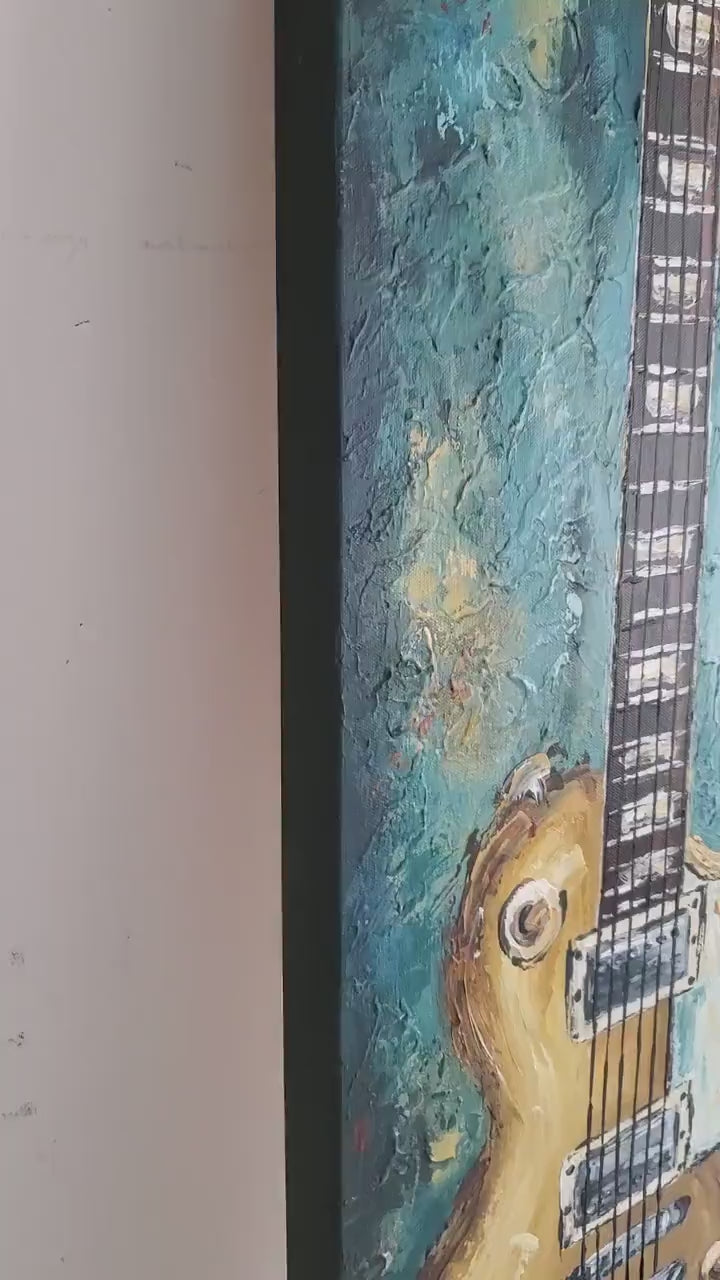 Original Textured Guitar Painting, Modern Teal and Yellow Music Artwork, Gift for Guitarist, Music Studio Decor