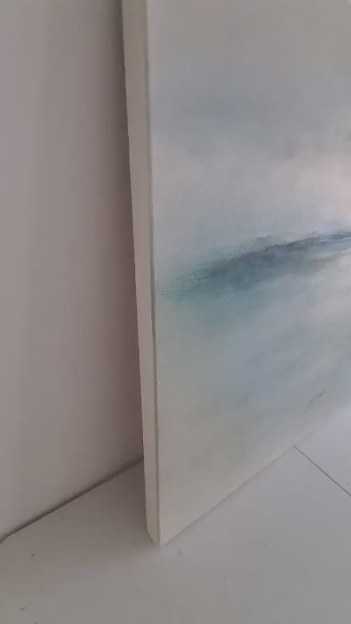 Original Abstract Coastal Art, Blue Horizon Painting, Atmospheric Landscape Wall Art, Minimalist Artwork